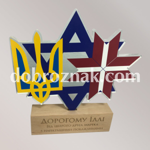 Прозорий акрил з друком, дерев'яний постамент.
